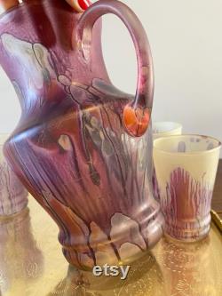 Art Nouveau Hand blown multi color Pitcher Vintage Frosted Glass Jug Pitcher and Glasses Vintage cocktail Bar set Translucent purple Pitcher