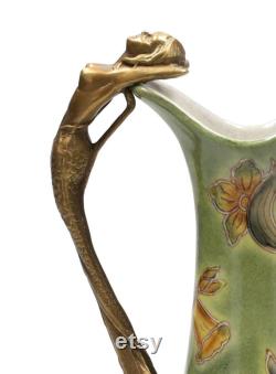 Art Nouveau Porcelain and Bronze Carafe with Nymph Design Vintage-Inspired Home Decor Timeless Statement Piece