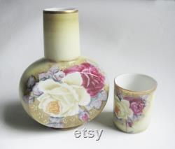 Attractive Vintage Hand-Painted Rose Porcelain Carafe and Cup.A convenient and useful set