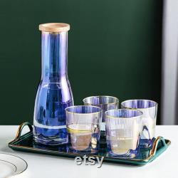 Aurora glass carafe set with a tray and wood lid, Decanter pitcher, Wine, Whiskey, Beer, Geometric, Juice set European