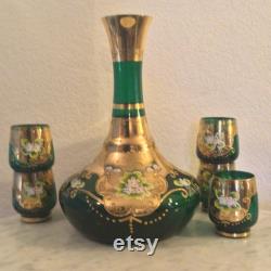 BOHEMIAN CRYSTAL MUSICAL Carafe and 5 Glasses. Multicolor, Embossed Enameled Flowers, Gold Filigree, Gold Trim. Retired. Rare.