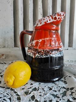 Beautiful French Wine Water jug, Drip glaze jug, Black Red and white glaze, Retro French Barrel Shape Ewer, Vintage Water jug