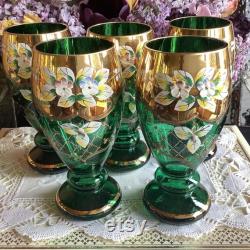 Beautiful Moser Murano tumblers wine glasses emerald green gold gilded raised enamel flowers