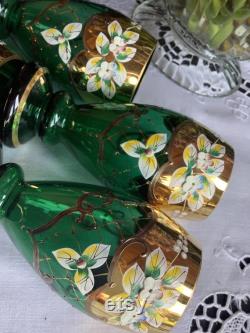 Beautiful Moser Murano tumblers wine glasses emerald green gold gilded raised enamel flowers