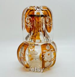 Bedside Water Carafe Antique Amber glass tumbler bohemian Carafe Nightstand Carafe and Tumbler Glass Antique carafe Slice cut glass