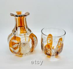 Bedside Water Carafe Antique Amber glass tumbler bohemian Carafe Nightstand Carafe and Tumbler Glass Antique carafe Slice cut glass