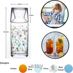 Bedside Water Carafe Glass Set with Tumbler 700ml, Flora Design All in One Carafe Cup Set Pitcher Jug