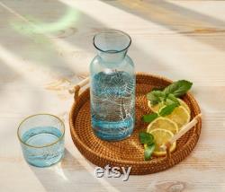Bedside Water Carafe Glass Set with Tumbler 700ml, Sea Blue Design All in One Carafe Cup Set Pitcher Jug