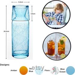 Bedside Water Carafe Glass Set with Tumbler 700ml, Sea Blue Design All in One Carafe Cup Set Pitcher Jug