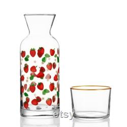 Bedside Water Carafe Glass Set with Tumbler 700ml, Strawberry Design All One Carafe Cup Set Pitcher Jug