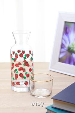 Bedside Water Carafe Glass Set with Tumbler 700ml, Strawberry Design All One Carafe Cup Set Pitcher Jug