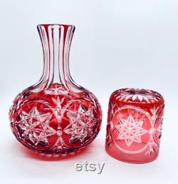 Bedside Water Carafe Vintage Red glass tumbler Star Cut Crystal Carafe Nightstand Carafe and Tumbler Glass Vintage Ruby Red Carafe