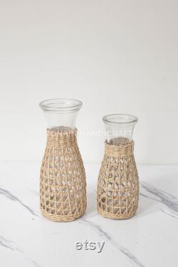 Bistro Carafe, Seagrass-Wrapped Pitcher, Small Milk Jug, Handmade Pitcher Woven Seagrass Wrapped Glassware Housewarming gift