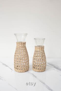 Bistro Carafe, Seagrass-Wrapped Pitcher, Small Milk Jug, Handmade Pitcher Woven Seagrass Wrapped Glassware Housewarming gift