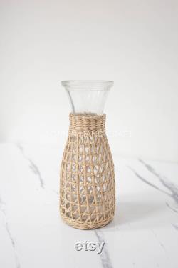 Bistro Carafe, Seagrass-Wrapped Pitcher, Small Milk Jug, Handmade Pitcher Woven Seagrass Wrapped Glassware Housewarming gift