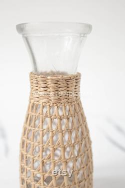 Bistro Carafe, Seagrass-Wrapped Pitcher, Small Milk Jug, Handmade Pitcher Woven Seagrass Wrapped Glassware Housewarming gift