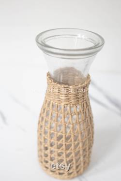 Bistro Carafe, Seagrass-Wrapped Pitcher, Small Milk Jug, Handmade Pitcher Woven Seagrass Wrapped Glassware Housewarming gift