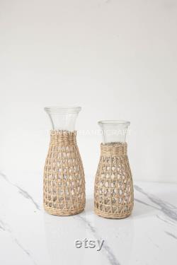 Bistro Carafe, Seagrass-Wrapped Pitcher, Small Milk Jug, Handmade Pitcher Woven Seagrass Wrapped Glassware Housewarming gift