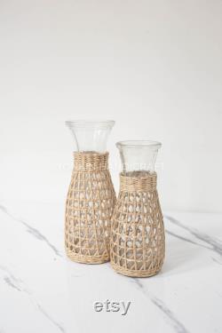 Bistro Carafe, Seagrass-Wrapped Pitcher, Small Milk Jug, Handmade Pitcher Woven Seagrass Wrapped Glassware Housewarming gift