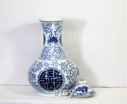 Blue and White Water Carafe with Stopper, Floral Design with Chinese Symbols, Tall Ceramic Water Container, Made in China