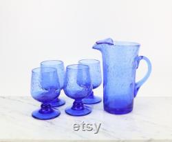 Blue vintage glass carafe with 4 glasses by BIOT France handmade handblown water carafe bubble glass French glass art