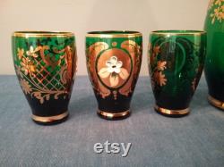 Bohemia glass carafe with glasses Czechoslovak alcohol set Green glass carafe with glasses 1960s