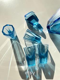 Bohemian Art Deco Beautiful liqueur set of carafes and glasses in a charming blue color