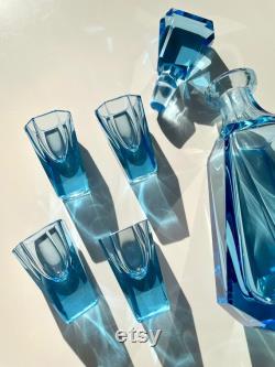 Bohemian Art Deco Beautiful liqueur set of carafes and glasses in a charming blue color