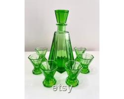 Bohemian Art Deco Liqueur set of carafes and glasses in a charming green color