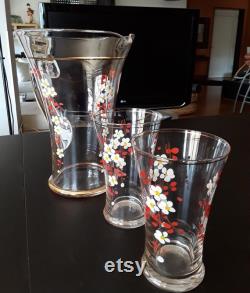 Boho Service Glass Caraffa, Vintage Glass Jug, Boho Glass Glasses, Hand-Painted Glasses, Gold Mint, Vintage 60