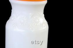 CARAFE Milk Glass White Sauce Recipe Flowers White Orange Lid Mid Century Serving Mod Bareware Party Patio Picnic TheHeartTheHome 36