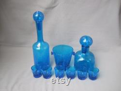 Carafe Shot Glasses Ice Bucket Glass Blue Krakelee Mid Century Modern Vintage
