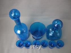 Carafe Shot Glasses Ice Bucket Glass Blue Krakelee Mid Century Modern Vintage