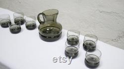 Carafe and 8 vintage glasses in smoked glass