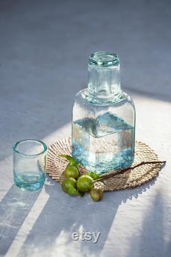 Carafe and Glass Set, Whiskey Glass Set, Bathroom or Bedside Water Carafe with Drinking Glass, Recycled Glass