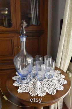Carafe and six glassses, antique set of light blue glass decanter and glasses, 1940's, vintage home decor. France.
