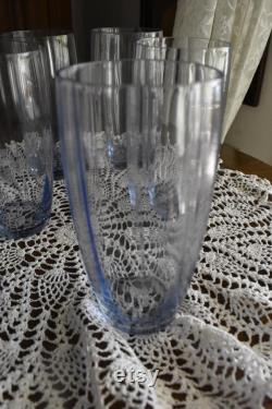 Carafe and six glassses, antique set of light blue glass decanter and glasses, 1940's, vintage home decor. France.