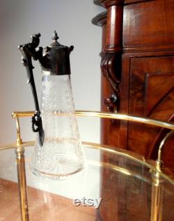 Carafe glass metal mount. Vol. 800 ml. Total H. 28.5 cm. W. 15.5 cm. Starcut under round stand. . 13 cm. Undamaged original.
