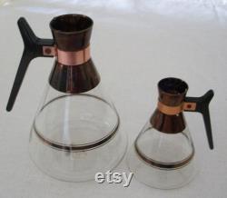 Carafes, glass with black handles and copper trim vintage MCM Set of 2, Inland Glass