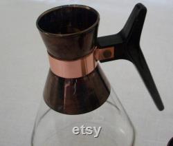 Carafes, glass with black handles and copper trim vintage MCM Set of 2, Inland Glass