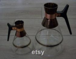 Carafes, glass with black handles and copper trim vintage MCM Set of 2, Inland Glass