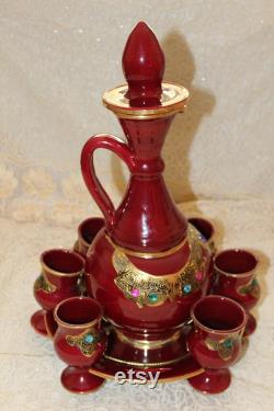 Ceramic decanter with cups and tray, handmade, traditional vintage style, home décor