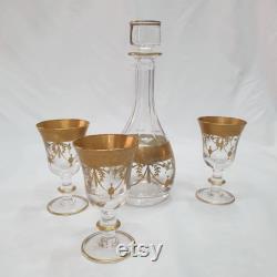 Crystal KARAFFE gold-plated with three glasses Biedermeier around 1880 antique