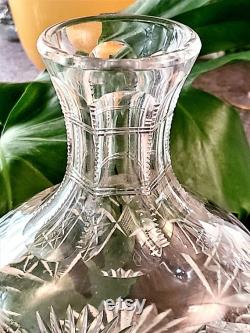 Crystal Wine Carafe, Water Jug, Decanter, Notched or Mitre Zipper Neck, Hand Cut Mid Century 40s to 60s