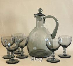 Daum Nancy France Lidded Carafe and Six Wine Sauternes Port Stemmed Art Deco Smoke Tint Glasses