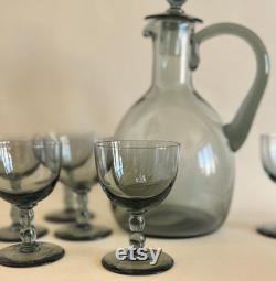 Daum Nancy France Lidded Carafe and Six Wine Sauternes Port Stemmed Art Deco Smoke Tint Glasses