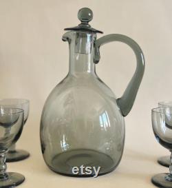 Daum Nancy France Lidded Carafe and Six Wine Sauternes Port Stemmed Art Deco Smoke Tint Glasses