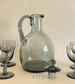 Daum Nancy France Lidded Carafe and Six Wine Sauternes Port Stemmed Art Deco Smoke Tint Glasses