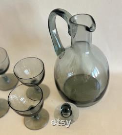 Daum Nancy France Lidded Carafe and Six Wine Sauternes Port Stemmed Art Deco Smoke Tint Glasses