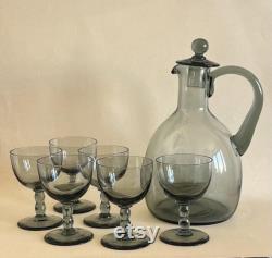 Daum Nancy France Lidded Carafe and Six Wine Sauternes Port Stemmed Art Deco Smoke Tint Glasses